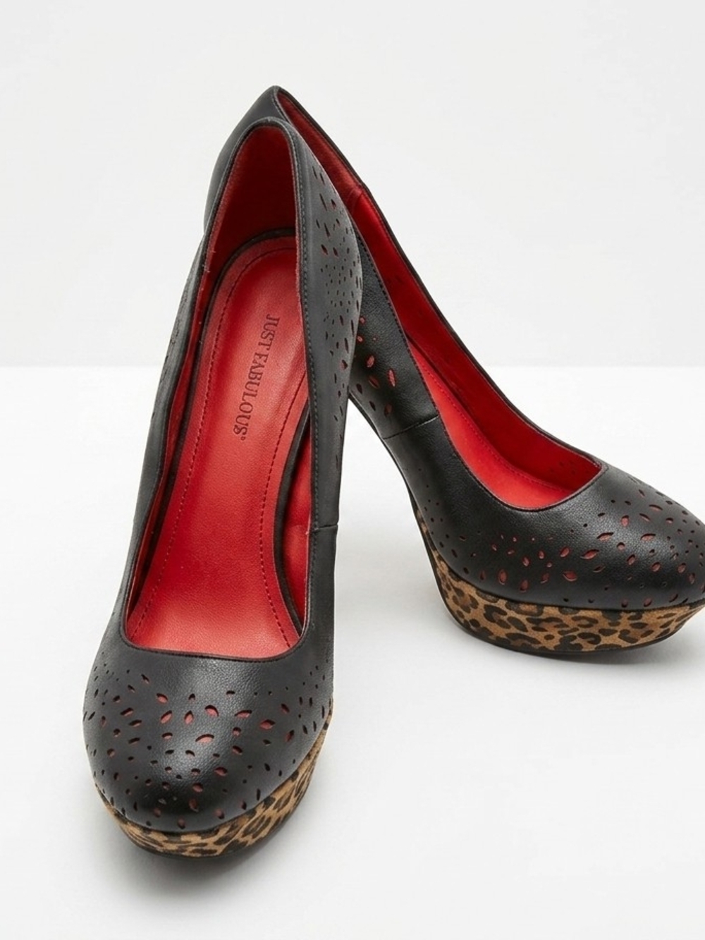 JustFab Black Pumps with Leopard Platform and Red Lining